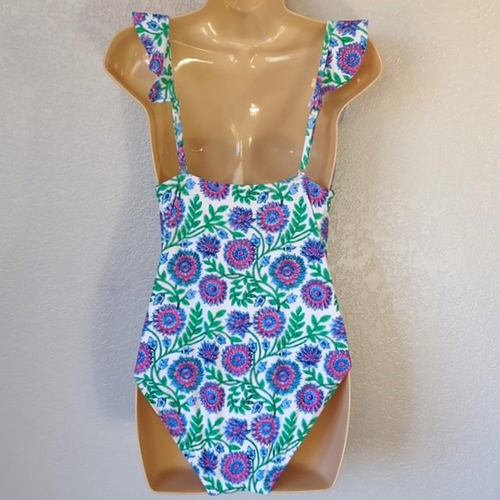 J.Crew Factory One Piece Size M Floral Ruffle-Shoulder V-neck Fully Lined - Picture 2 of 5
